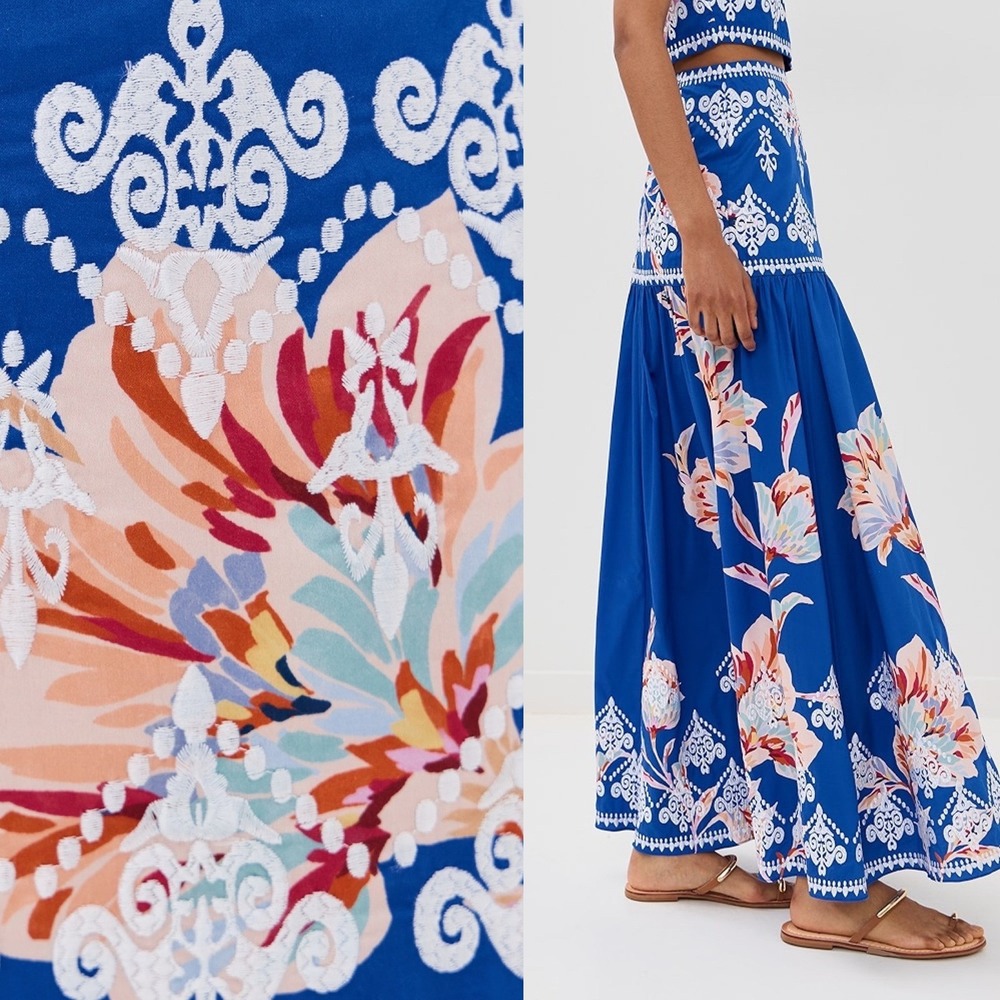 NWT $700 Figue Myra Skirt Blue Floral Embroidered Maxi Tiered Resortwear  2 - Picture 2 of 4